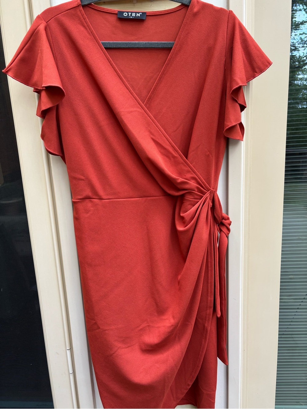 OTEN Rust Orange Faux-Wrap Midi Dress with Ruffle Sleeves